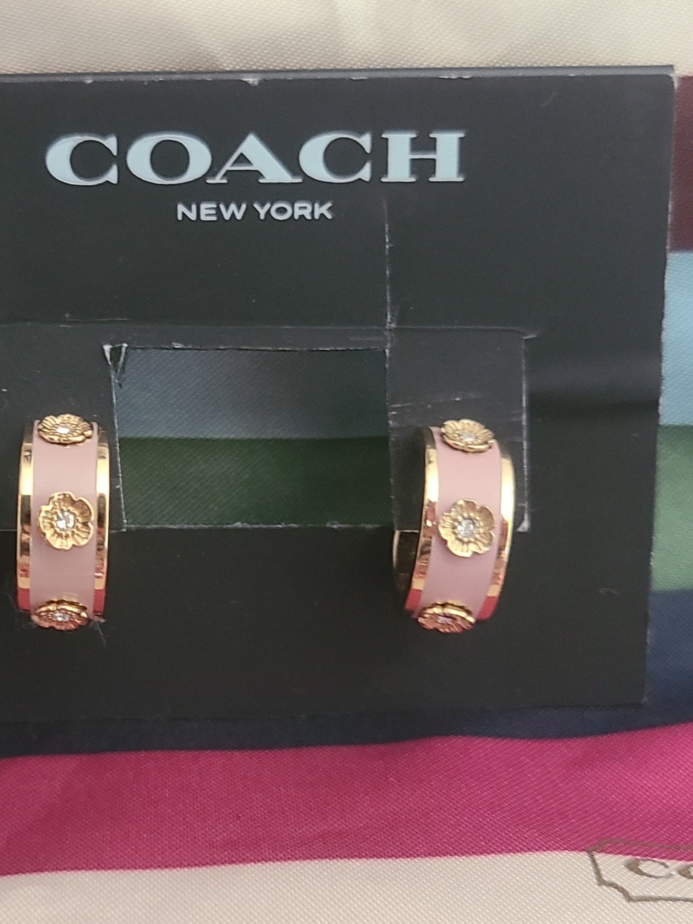 COACH Pink and Gold Tea Rose Hoop Earrings